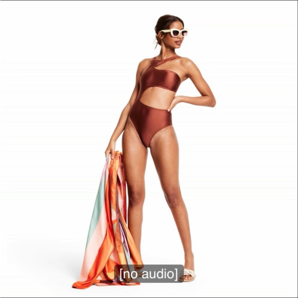 🆕 Asymmetrical Metallic Cut Out High Leg Cheeky One Piece Swimsuit